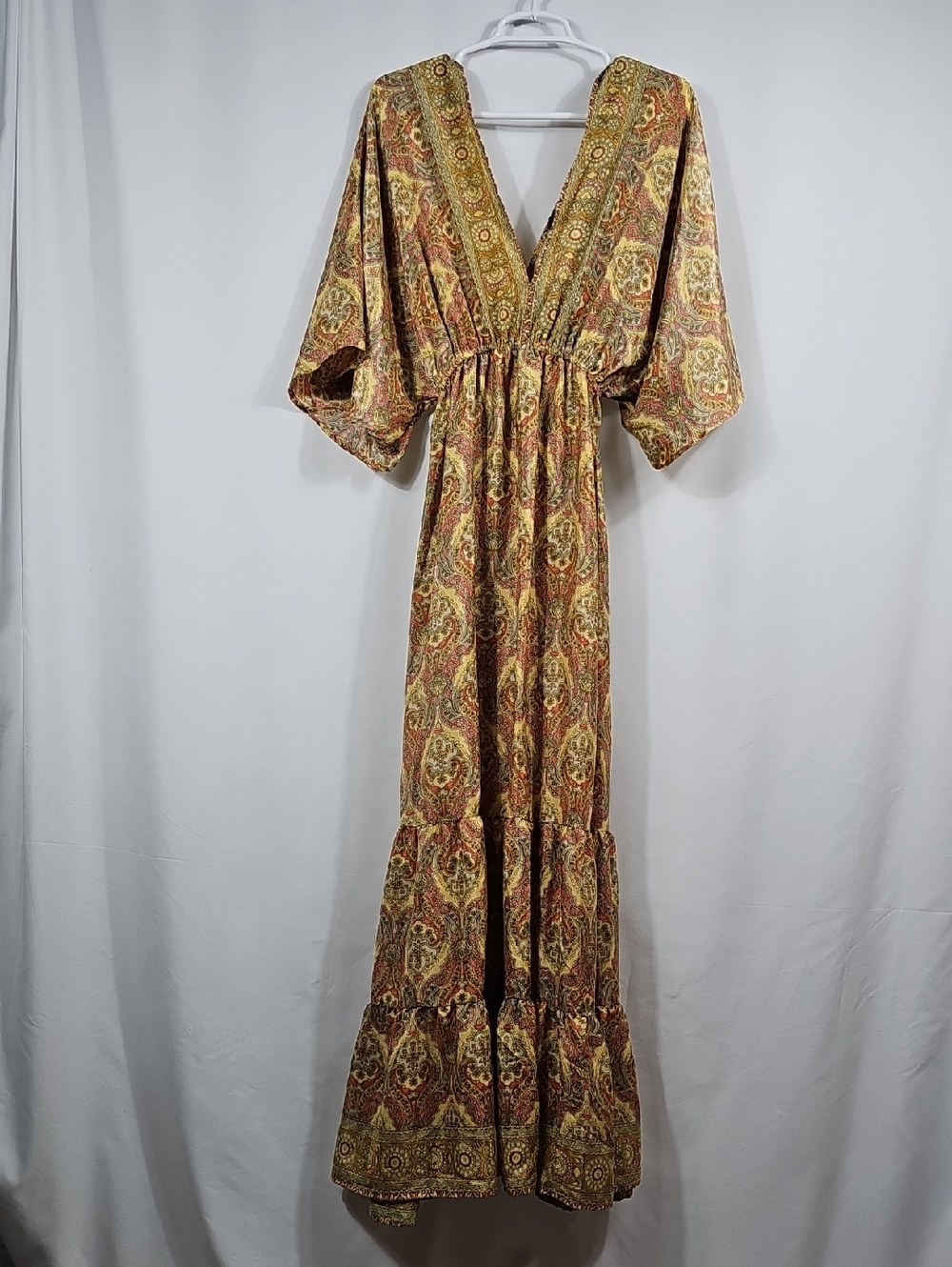 Zury Silk Blend Paisley Maxi Dress V-Neck Kaftan Tiered Boho Festival Free Size - Picture 4 of 11